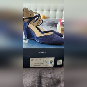 Cole Haan Lacey suede, ankle closure wedge pump, 7